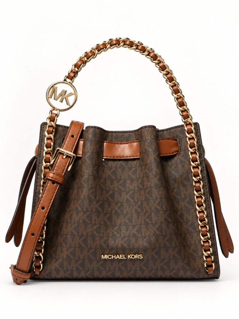 Michael Kors Brown MK Monogram Chain-Handle Mini Mina Bag with Tan Trim